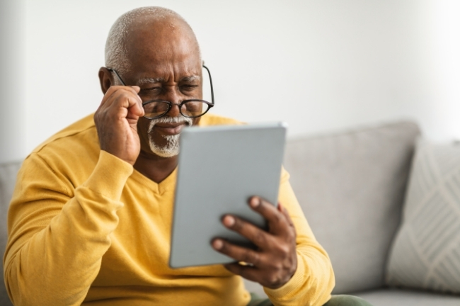 An older man check a medical reminder on his tablet.