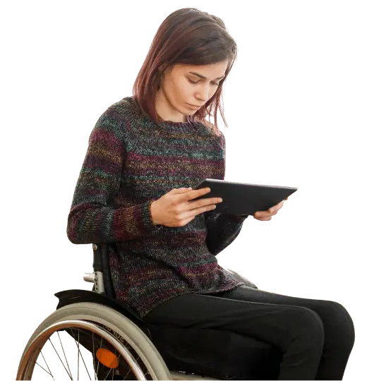 Woman in wheelchair using tablet to find support with our Support Finder.