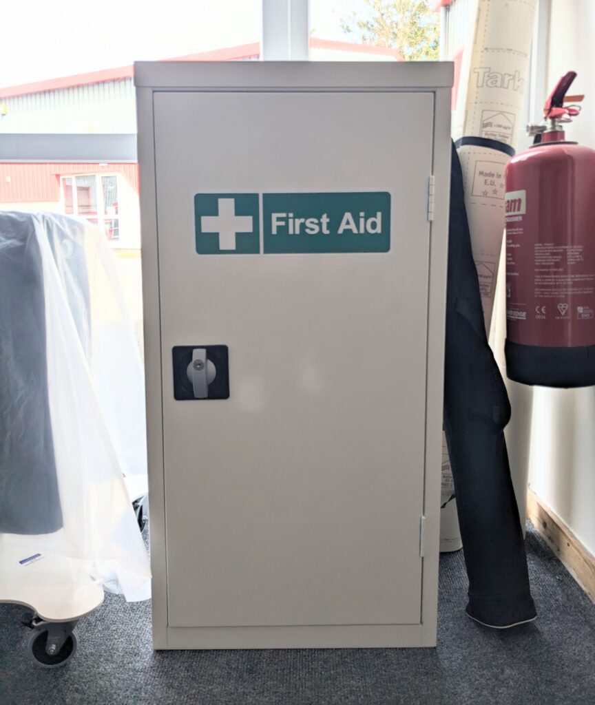 A white first aid box with a lock on it.