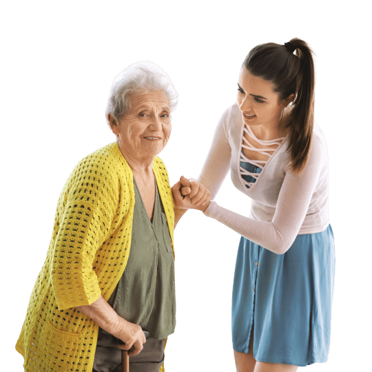 Younger person assisting an older person.